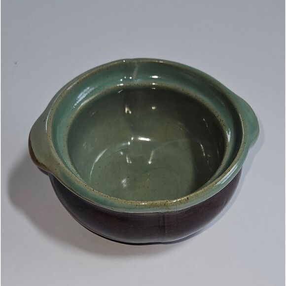 Vintage Brown Glazed Pottery Small Dish Bowl Turquoise Handles & Interior - Picture 3 of 7